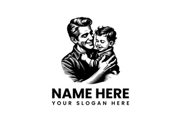 Smiling Father Holding Adorable Baby in Engraved Style Illustration.