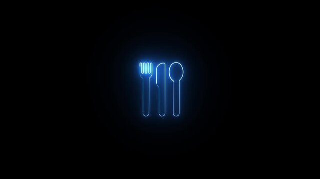 Glowing neon cutlery icon isolated on black background. Blue neon outline of spoon fork knife set.