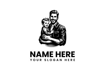 Smiling father holding his happy child in a loving embrace monochrome illustration.