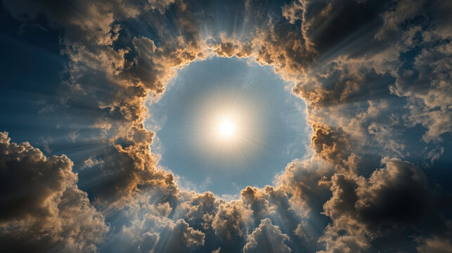 Bright sun halo surrounded by dramatic clouds creates ethereal atmosphere - Powered by Adobe