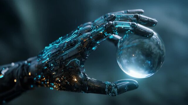 A futuristic robotic hand delicately holds a glowing orb, showcasing intricate circuitry and advanced technology in a visually stunning blend of mechanics and the ethereal, hinting at the fusion of - Powered by Adobe