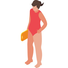Lifeguard In Red Swimsuit Holding Yellow Rescue Buoy Prepared For Duty On White Background Isometric Style