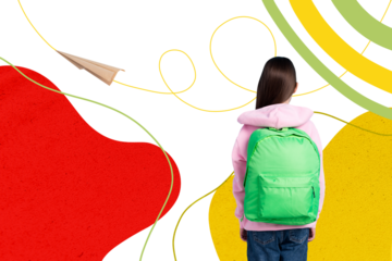 Trend artwork sketch image collage of school age young girl teen stand back wear backpack paper plane fly travel moving summer holiday