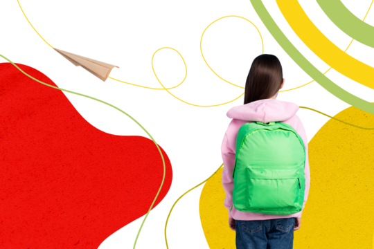 Trend artwork sketch image collage of school age young girl teen stand back wear backpack paper plane fly travel moving summer holiday
