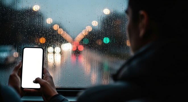 Silhouette of a person using a smartphone inside a bus at night, with raindrops and blurry city lights visible through the wet window, creating a moody urban scene.