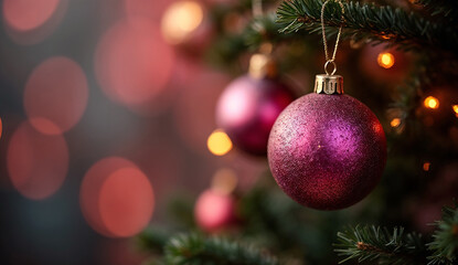 Obraz premium Close up of pink Christmas balls on a Christmas tree with bokeh background