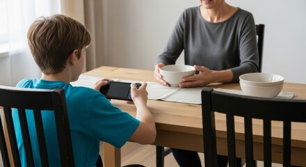 Rear view of a child in a blue shirt playing a handheld game console at a wooden dining table, while an adult sits opposite holding a white bowl in soft daylight.