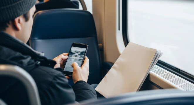 A man in a beanie and jacket sits on a train, viewed from behind, looking at his smartphone. A folder rests beside him as he travels, capturing a moment of modern commuting.