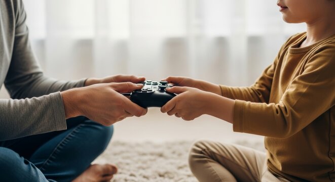 A parent's hands try to take a video game controller from a child who refuses to let go. The scene captures a conflict over gaming limits and screen time addiction at home.