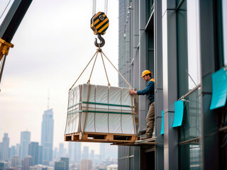 Construction worker guiding a crane lifting a pallet onto a skyscraper.