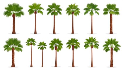Obraz premium A collection of fifteen palm tree illustrations against a white background, showcasing diverse tree heights and leaf styles