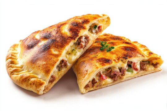 Calzone White Background. Isolated Pizza Pocket with Meat, Cheese and Vegetables. Kitchen Oven Fresh Dough Crust
