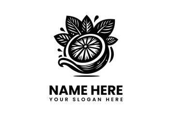 Stylized Black and White Citrus Slice with Leaves and Water Droplets Logo.