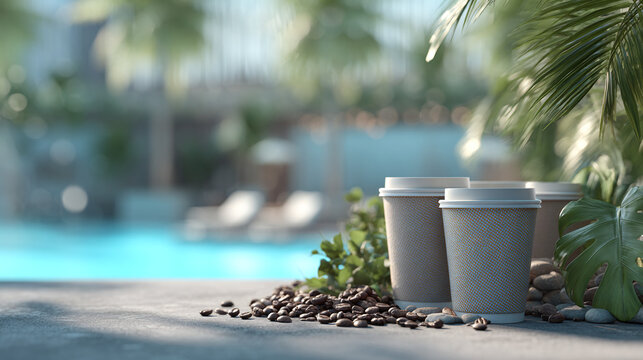 Coffee cups by the pool offer a moment of relaxation. Enjoying the peaceful setting with a cup of coffee surrounded by lush greenery. - Powered by Adobe