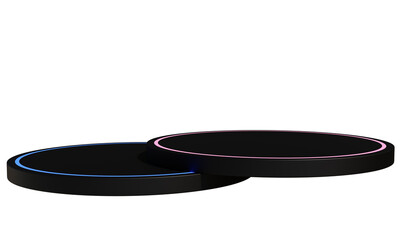 Black podium, black background with neon lights for promoting various technology products. 3D illustration.