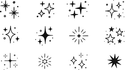 Fototapeta premium Black And White Hand Drawn Sparkle Stars And Glitter Icons With Dots symbol