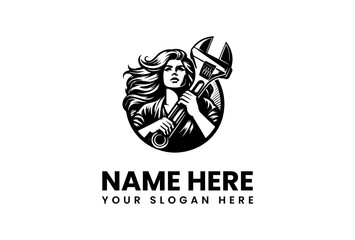 Strong Woman Holding Wrench Mechanic Logo with Flowing Hair and Style.