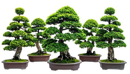 A collection of five bonsai trees in brown pots, against a white backdrop, showcasing manicured foliage