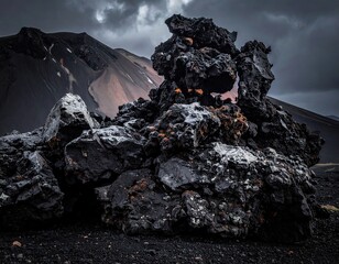 Dark Volcanic Rocks Against Dramatic Sky