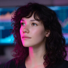 Dreamy Tech Innovator Gazing at Tech, Illuminated by Colorful Lights, Amidst Tech Industry Ambience