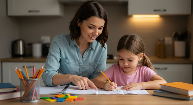 Mother helping kid with math homework in cozy home kitchen, homeschooling education and parental support