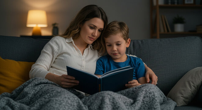 Mom and son reading story together on sofa, homeschooling kid learning at home