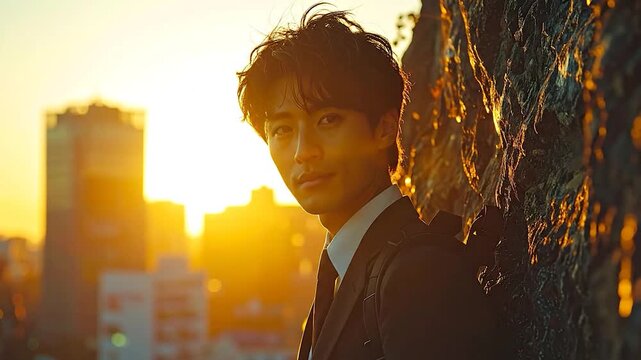 Young man in a suit and backpack, backlit by golden city sunset, looking directly at the viewer