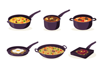 Cooking in Pans and Skillets Illustrations. Set of Dishes Including Fried Egg, Fried Rice, Soup, and Grilled Steak for Recipe and Culinary Content