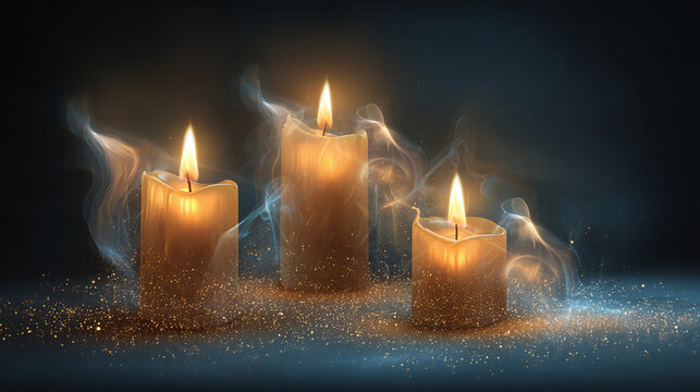Glowing candles emit soft light and smoke against a dark background, creating a serene atmosphere with sparkling particles below. - Powered by Adobe