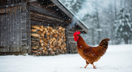 Rooster walking in snow near stacked firewood, rustic winter farm scene