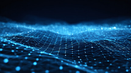 Abstract blue network background. Mesh connecting points, nodes and lines. Data analytics, visualization, and futuristic technology depicted.