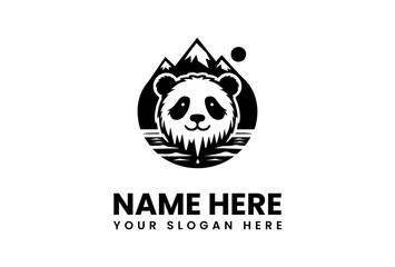Stylized Panda Head Logo with Mountain Peaks and Circular Sun.