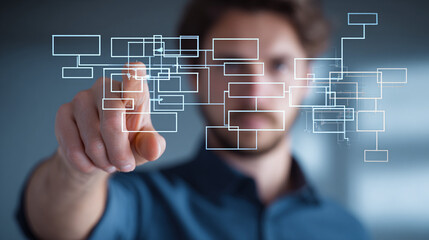 Man interacts with a digital flowchart interface, symbolizing advanced technology and modern business strategy. Visualizing data concepts.