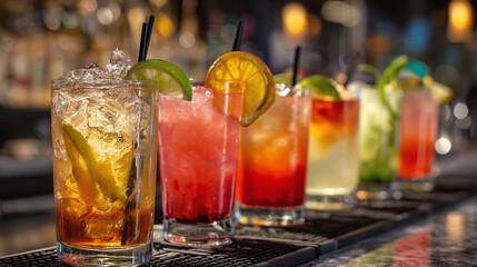 Fototapeta premium A spectrum of colorful cocktails line the bar, each a vibrant mix of flavors and refreshment, garnished with fruit and black straws.