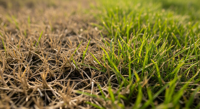 Patch of dry grass in green lawn, seasonal lawn care and maintenance