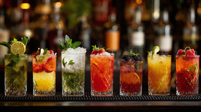 Vibrant array of refreshing mixed drinks featuring colorful fruits and garnish, displayed on a bar top with blurred backdrop of liquors.