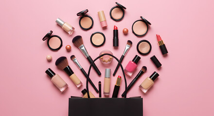 Makeup cosmetic perfume women products accessories pouring from shopping bag on pink flat lay background, beauty products cheap discount retail offer online purchase, top view above copy space