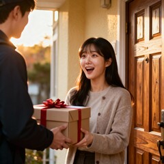 집앞에서깜짝선물받는젊은여성