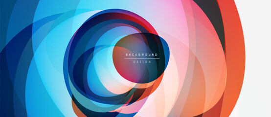 Abstract colorful layers create dynamic circular pattern. Vibrant hues blend, forming modern background design. Smooth gradients suggest movement, depth.