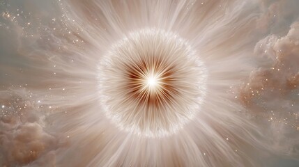 Abstract ethereal light explosion emanating from  central bright core surrounded by glowing particles and soft clouds