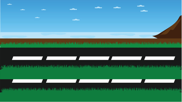 Cartoon landscape vector with road, grass, water and blue sky illustration.