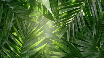 Fototapeta premium Lush green tropical leaves create serene atmosphere with sunlight filtering through