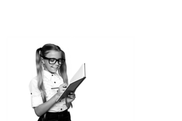 Composite photo collage of happy blonde girl hold notepad write notes pencil diary homework task isolated on painted background