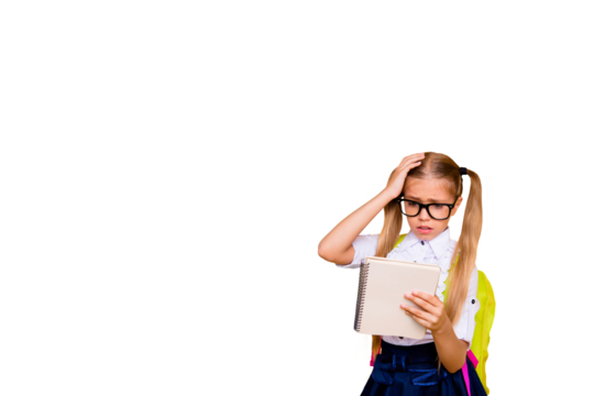 Composite photo collage of panic scared blonde schoolgirl hold notepad receive back mark fail illiterate isolated on painted background