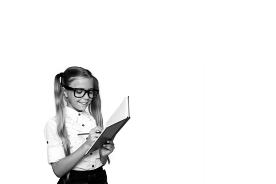 Composite photo collage of happy blonde girl hold notepad write notes pencil diary homework task isolated on painted background