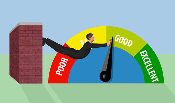 A man pushes on the needle on a credit score meter in an effort to raise his score and qualify for a loan in this 3-d illustratin.