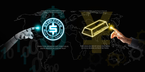 Concept of AI and human interaction comparing stablecoin backed by fiat with real gold reserve. Symbol of digital trust, technology innovation, and financial value transformation.