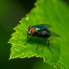 Naklejka premium Close-up of iridescent green fly on vibrant green leaf