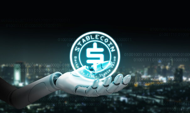 Artificial intelligence robot hand holding glowing stablecoin symbol over digital city skyline. Fintech concept illustrating blockchain, crypto currency, and innovation in finance. - Powered by Adobe