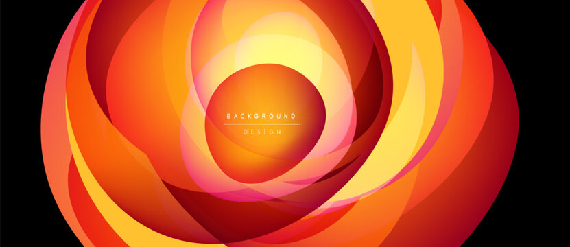 Abstract design features swirling orange, yellow layers. Center shows text background, design. Bright, dynamic composition.